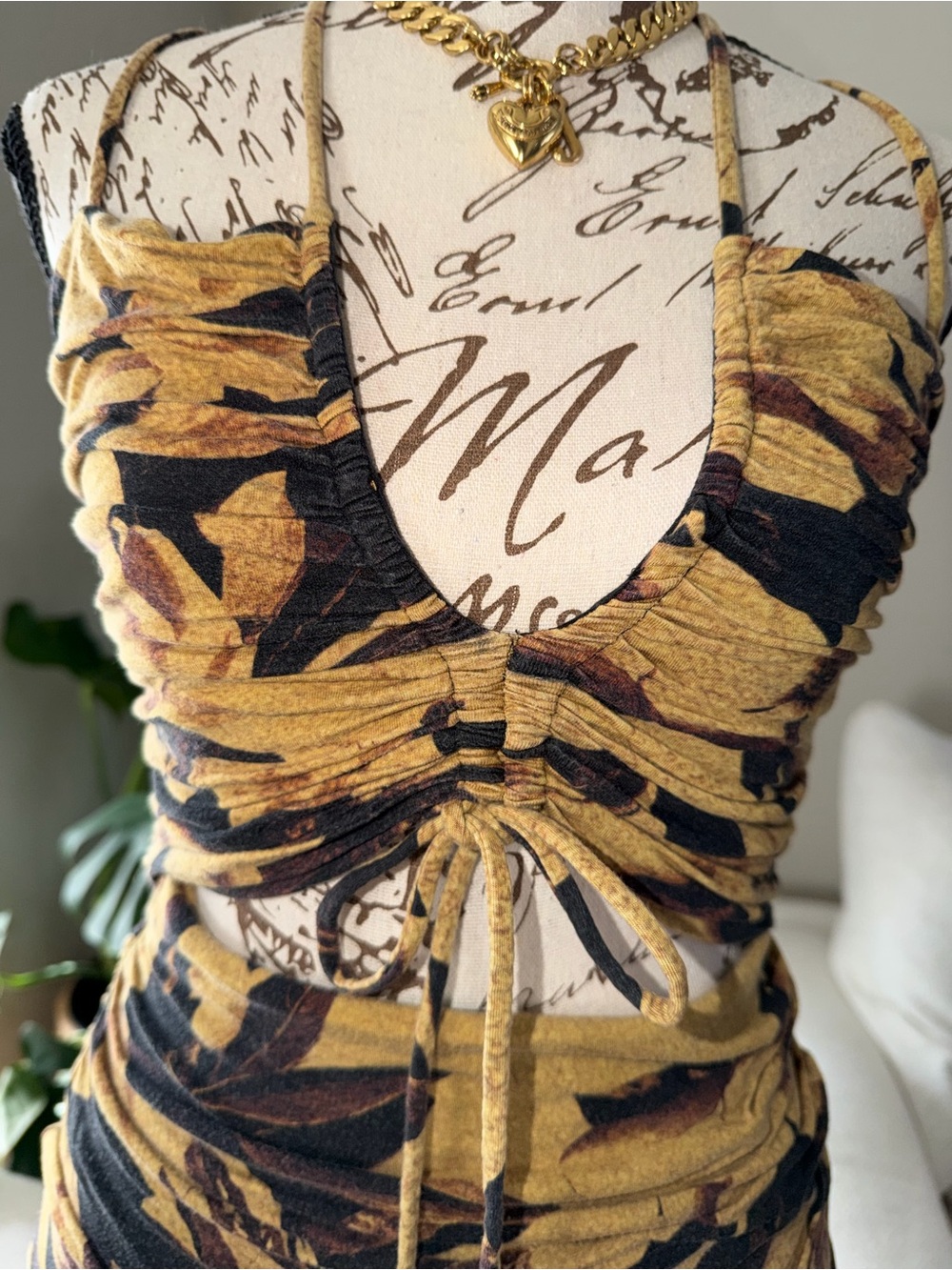 AllSaints Mustard and Black Floral Maxi Dress with Tie Front - Picture 7 of 14